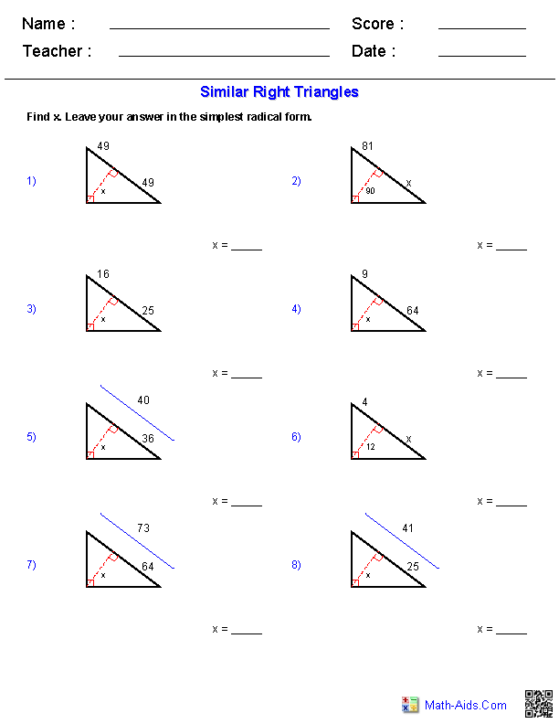 Similar Right Triangles Worksheet Image