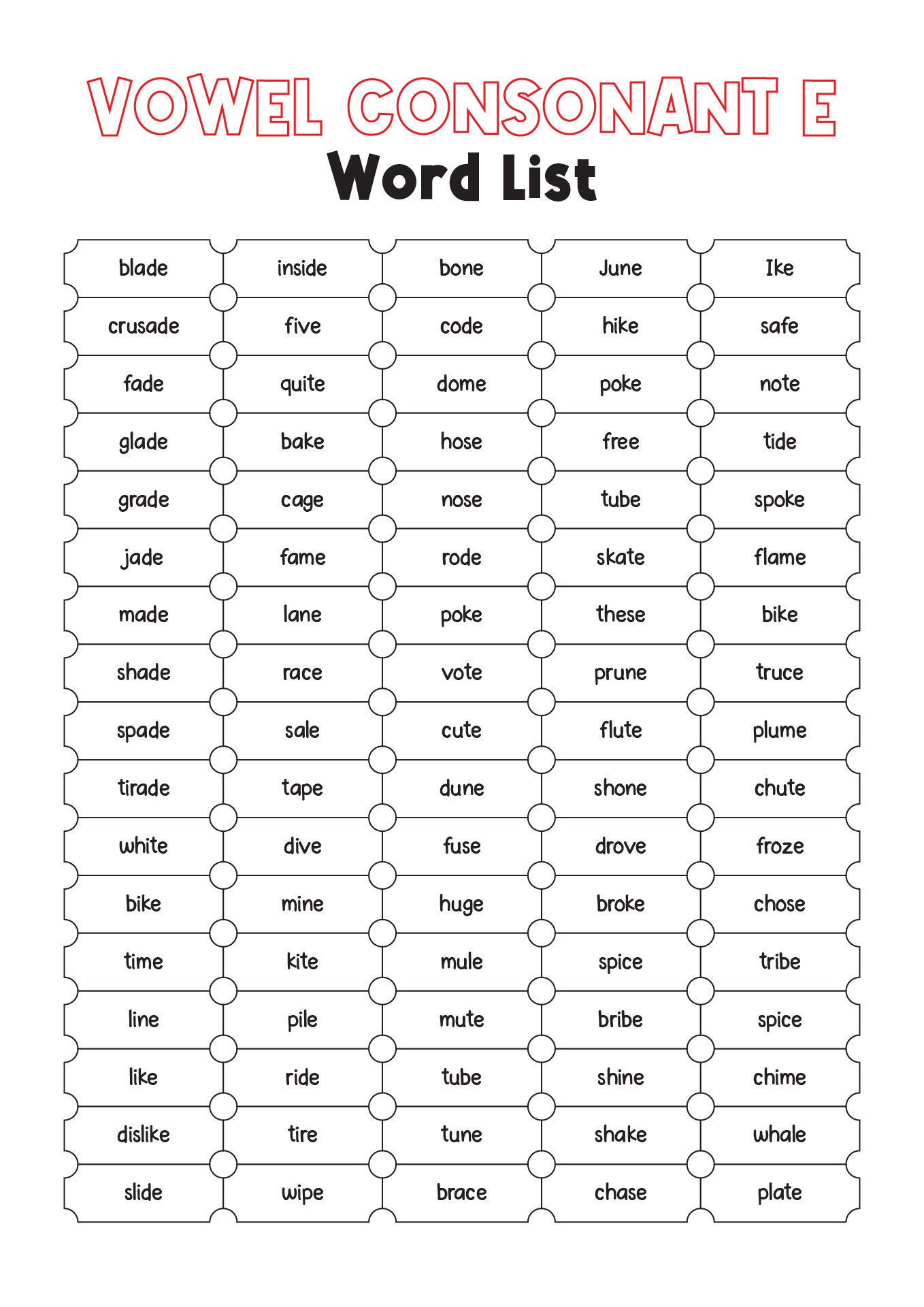 Vowel Consonant E Word List