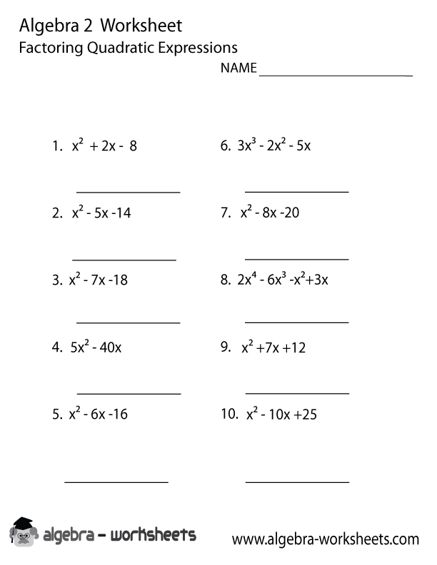 Algebra 2 Quadratic Equations Worksheet Image