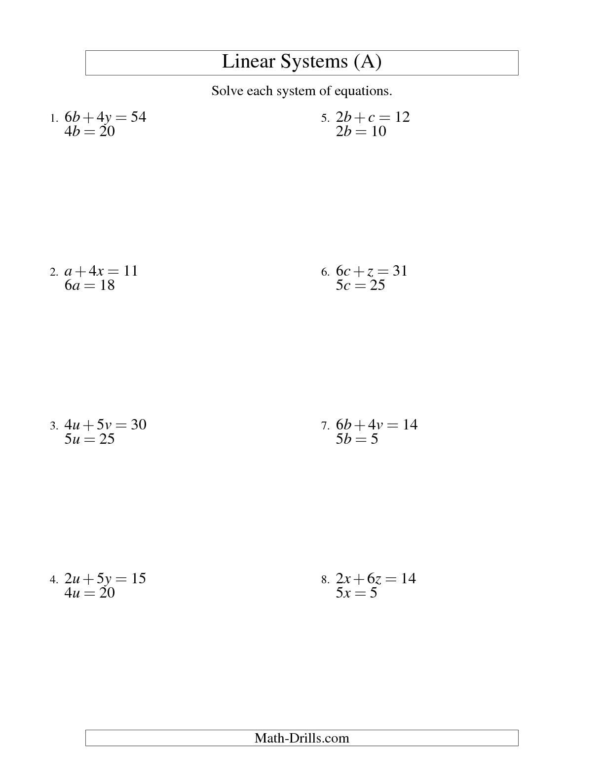 Algebra Linear Equations Worksheet Image