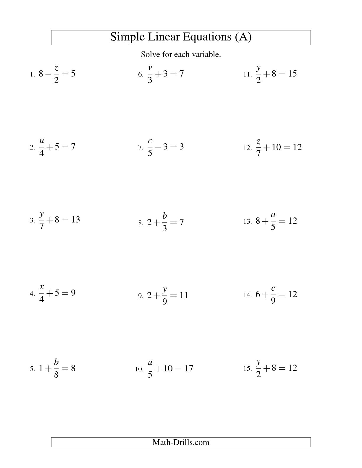 Algebra Solving Linear Equations Worksheets Image