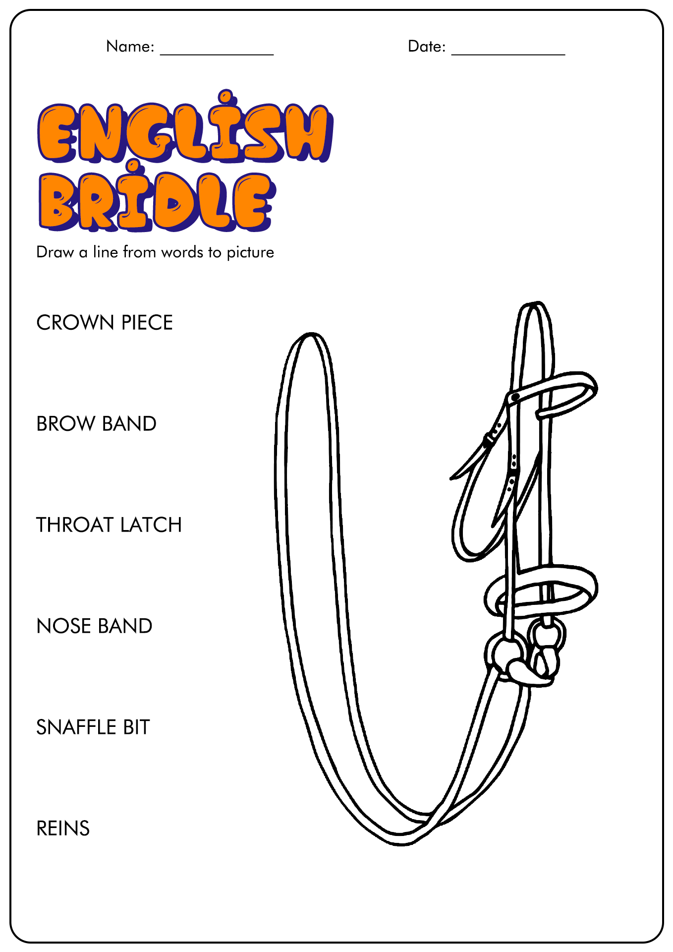 English Bridle Parts Worksheet Image