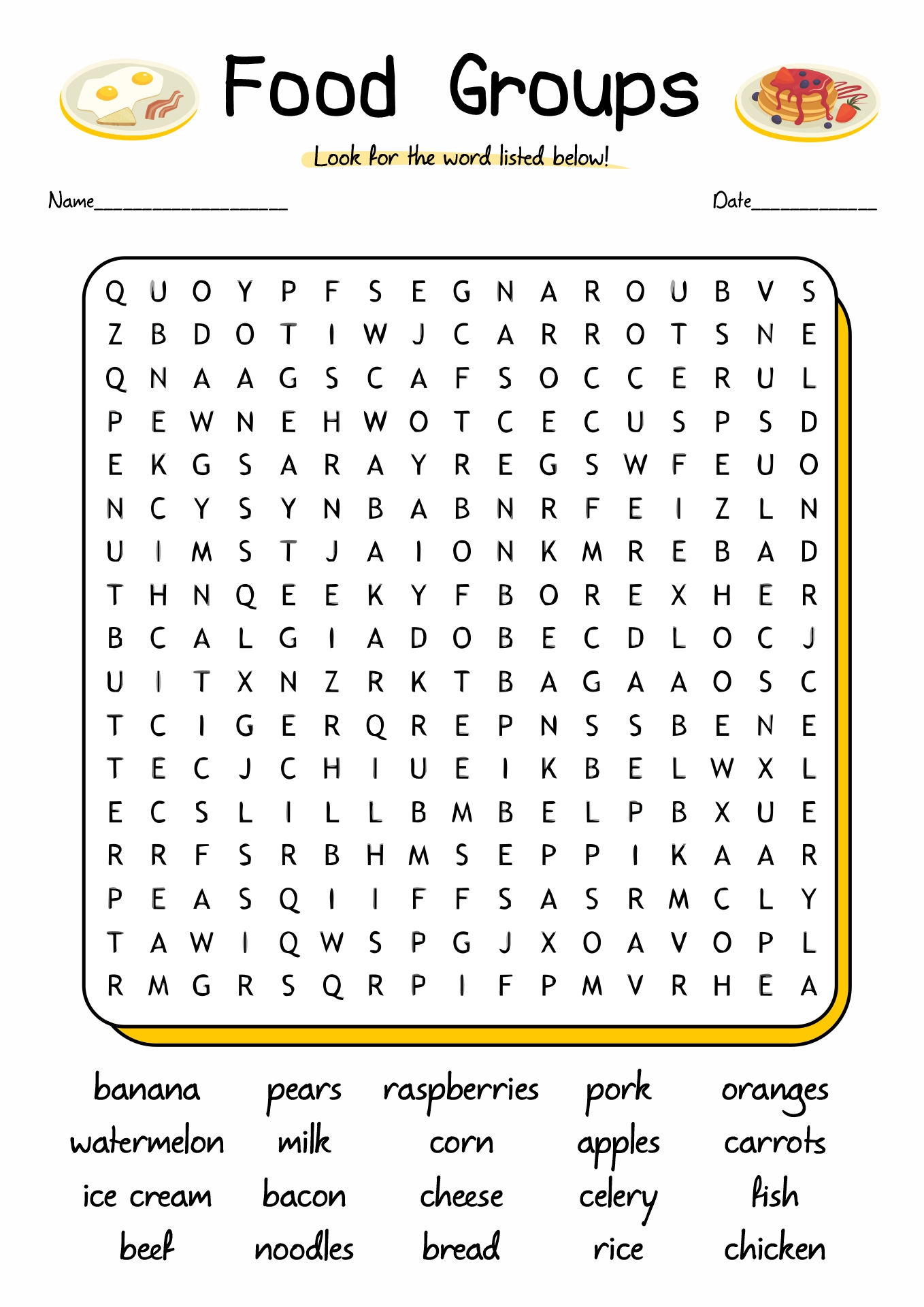 Five Food Groups Pyramid Word Search Worksheets