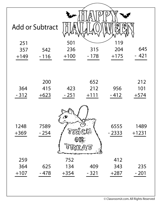 Halloween Math Addition and Subtraction Worksheets Image