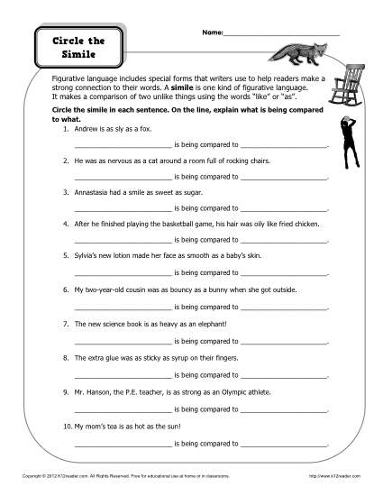 Metaphors and Similes Worksheets 5th Grade
