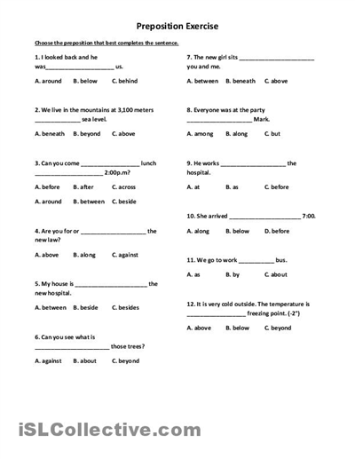 Preposition Worksheets High School Image