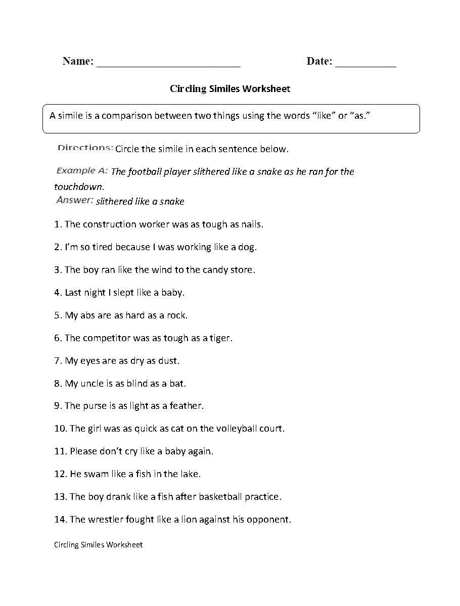Simile Worksheets 2nd Grade