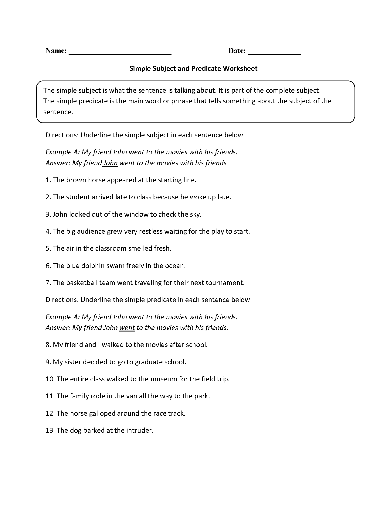 Simple Subject and Predicate Worksheet 6th Grade Image