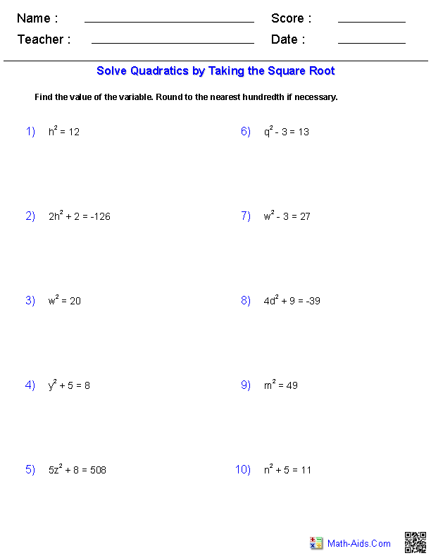Solving Square Root Equations Worksheet Image