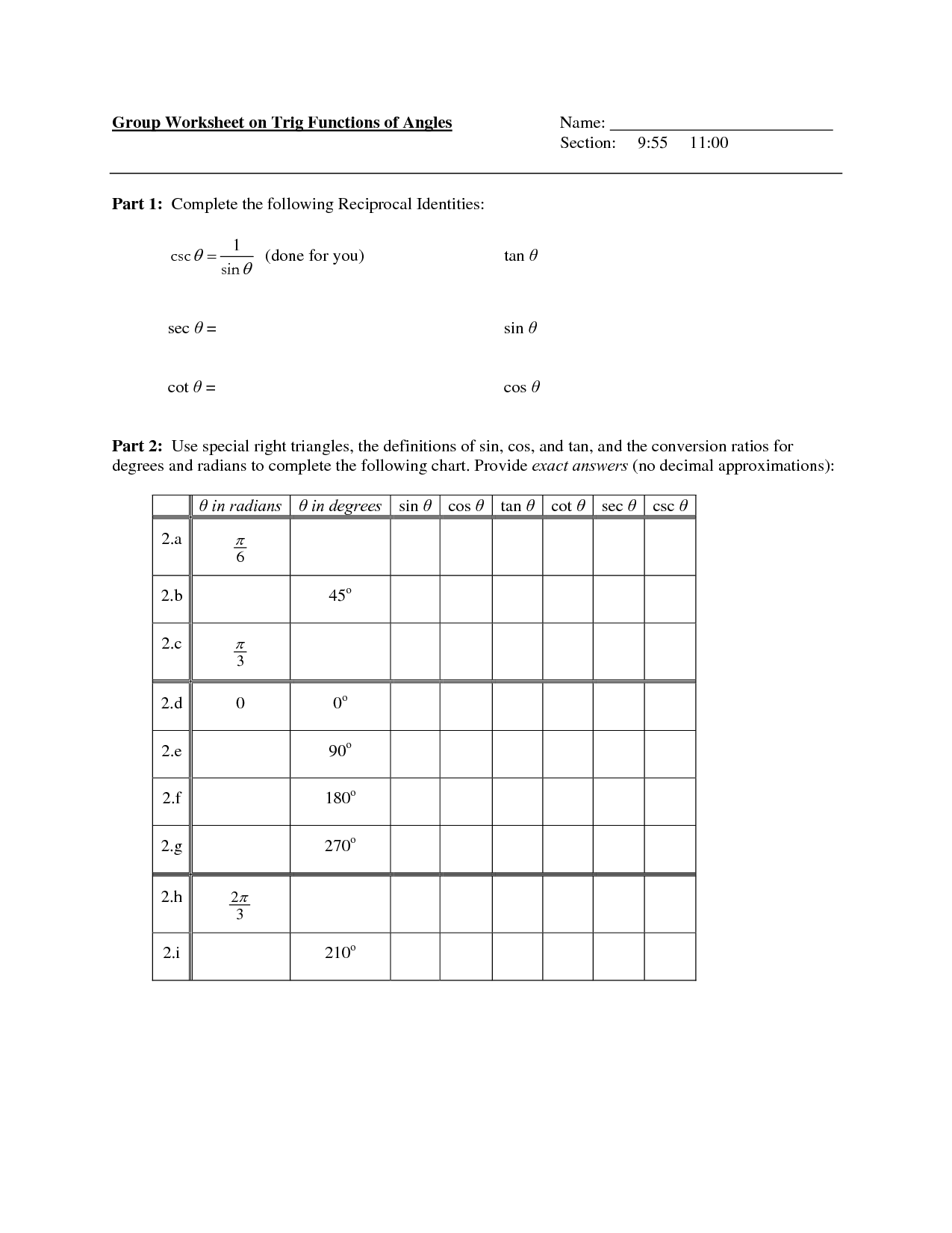 Special Angles of Trig Functions Worksheet Image