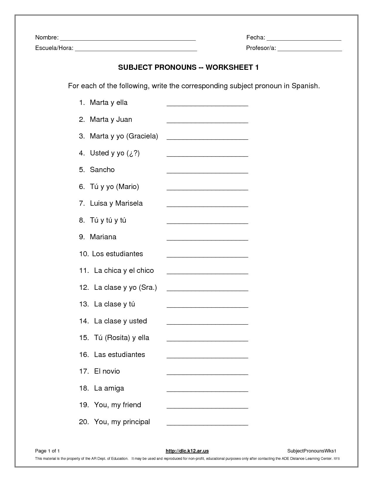 Subject Pronouns Worksheets Image
