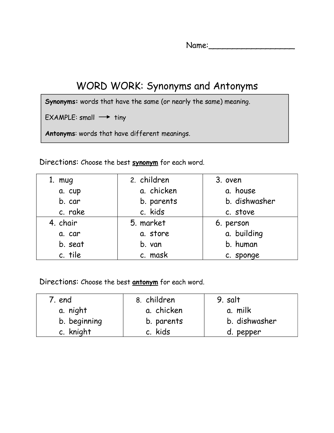 Synonyms and Antonyms Worksheets 3rd Grade Image