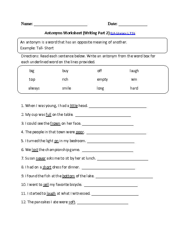 Synonyms and Antonyms Worksheets for Grade 2 Image