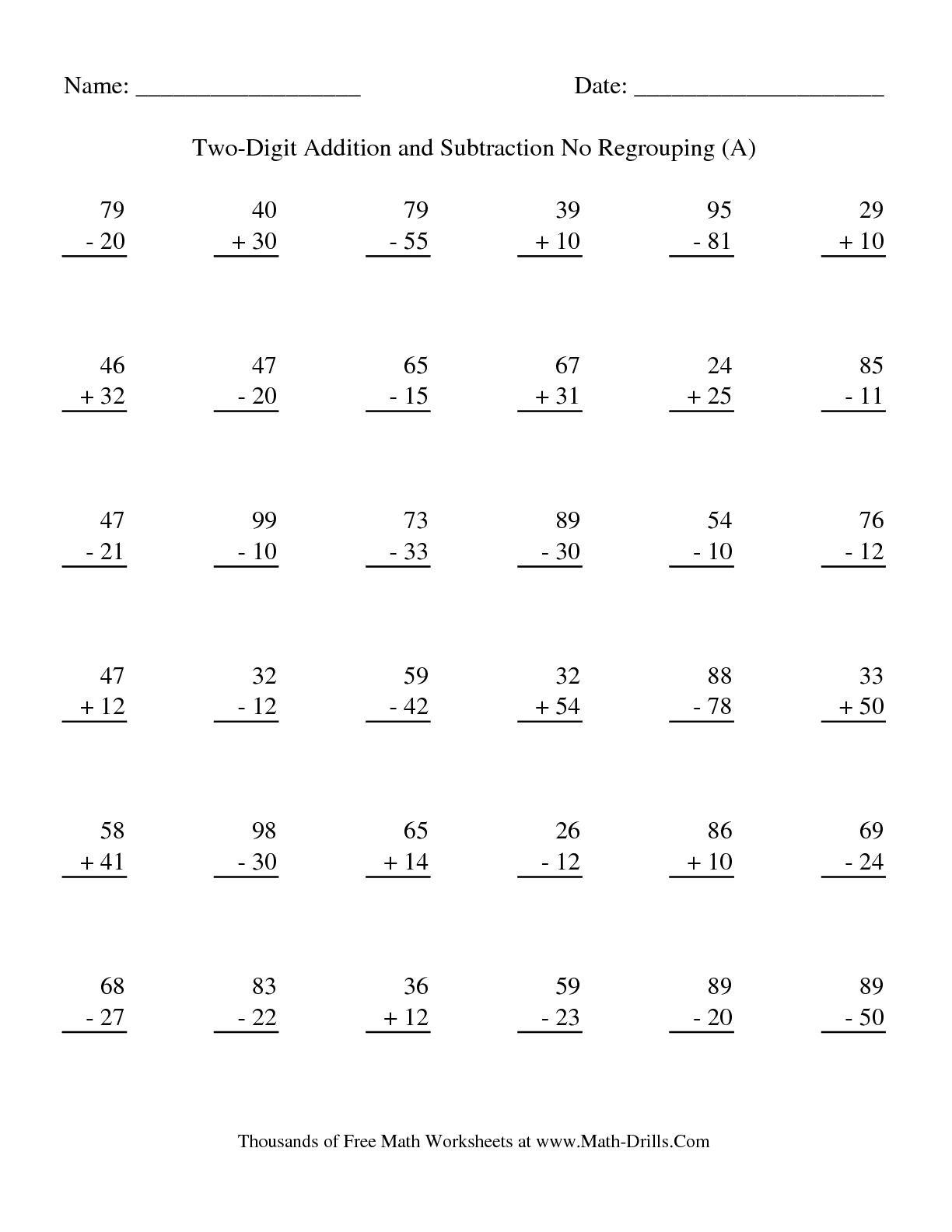 Two-Digit Addition and Subtraction Worksheets Image