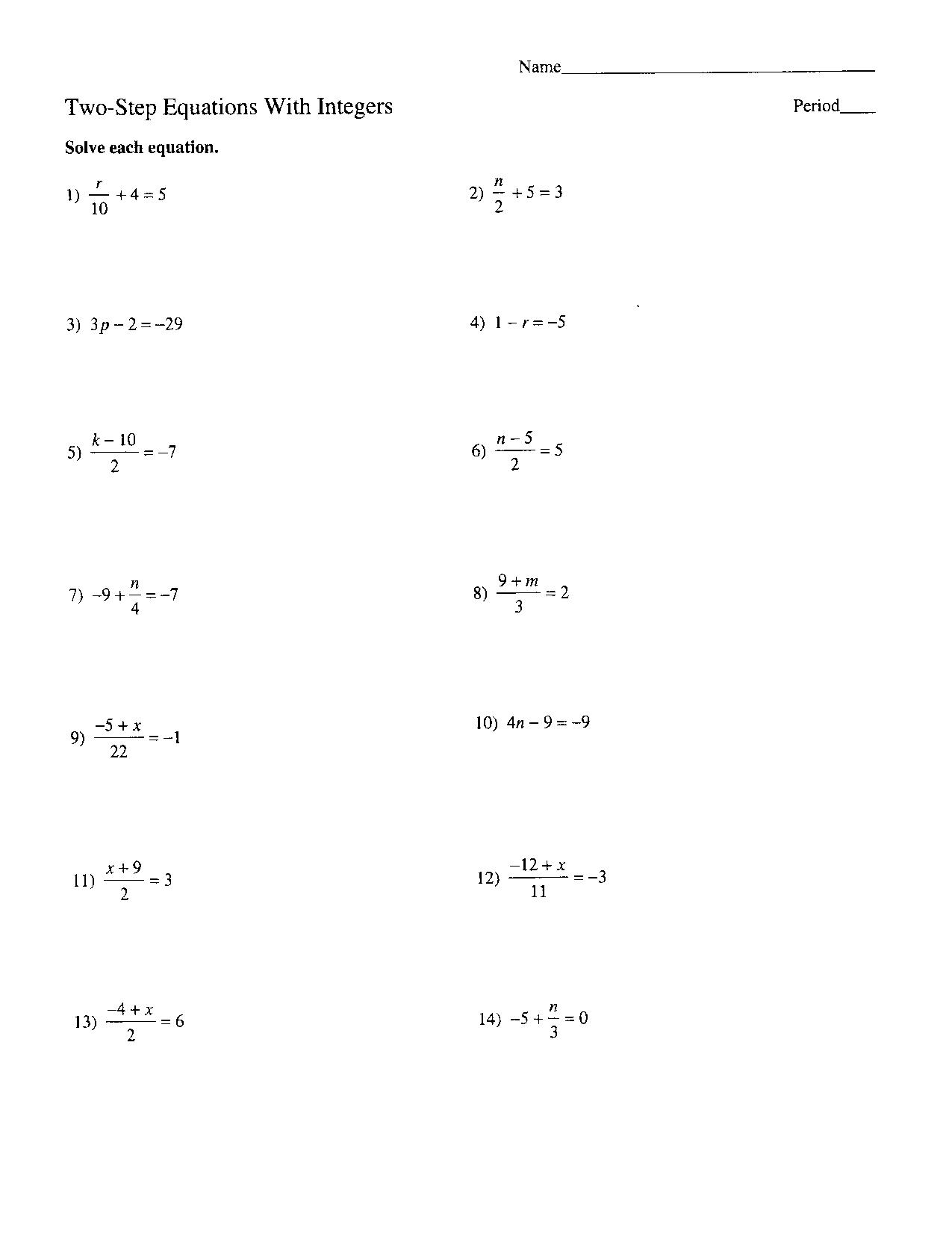Two-Step Equations Worksheet Image