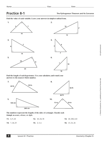 Worksheet Pythagorean Theorem and Converse Image