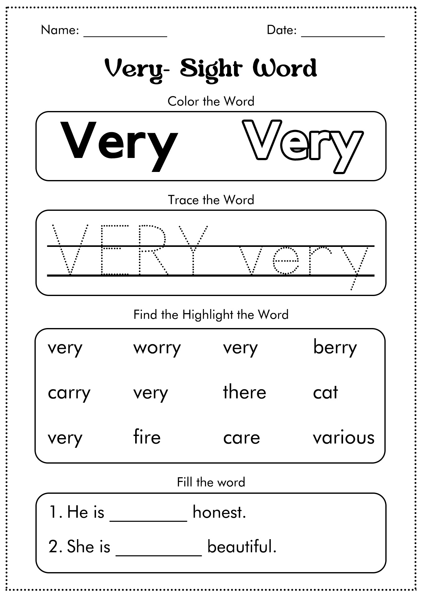 1 Grade Sight Words Printable Worksheets