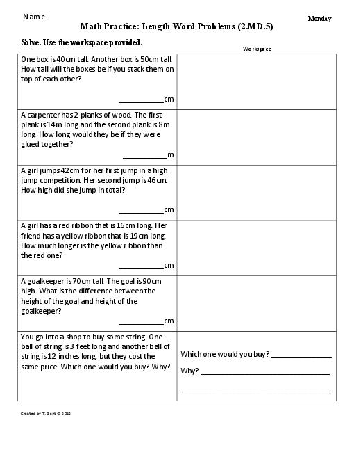 Length word problems for grade 2 length conversion word problems year