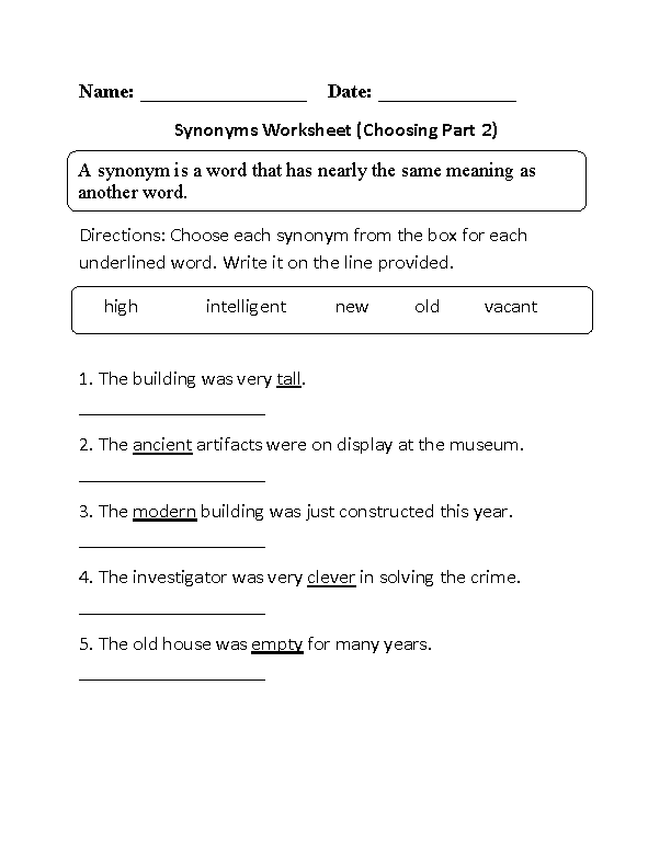 5 Grade Worksheets Synonyms Antonyms Image