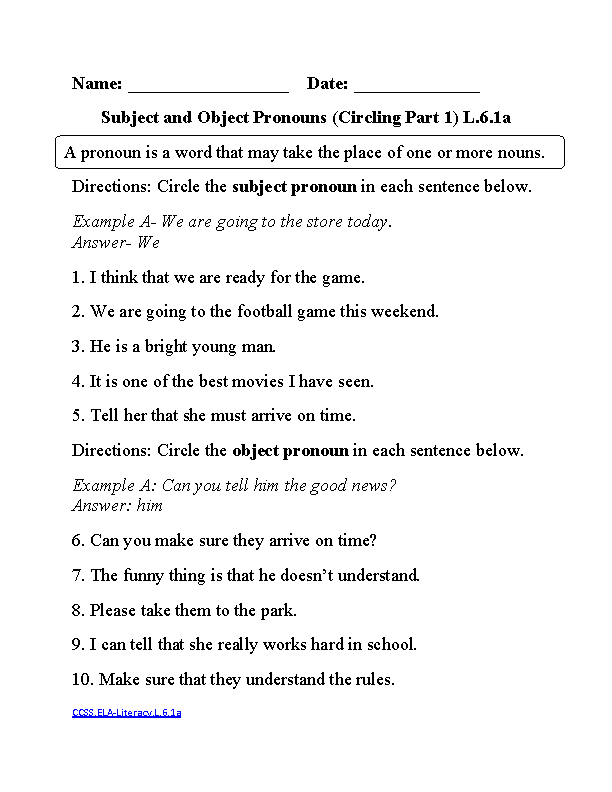 6th Grade Language Worksheets Pronouns