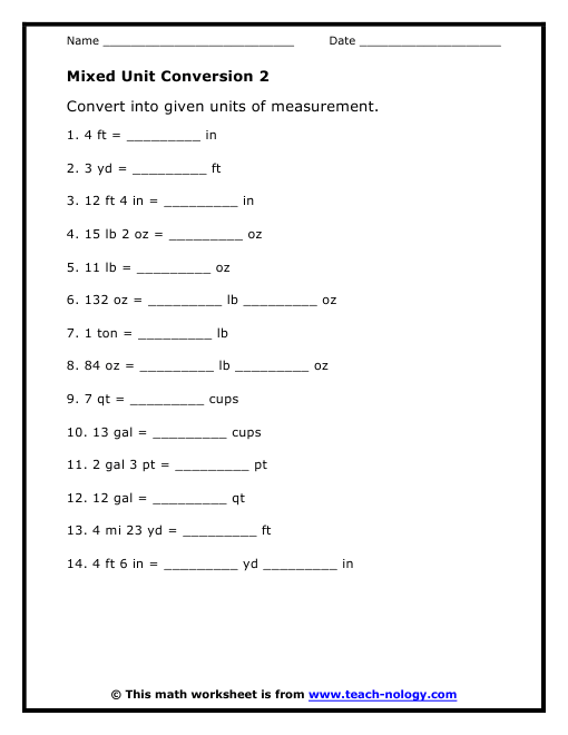 Conversion Standard Measurement Worksheets Image