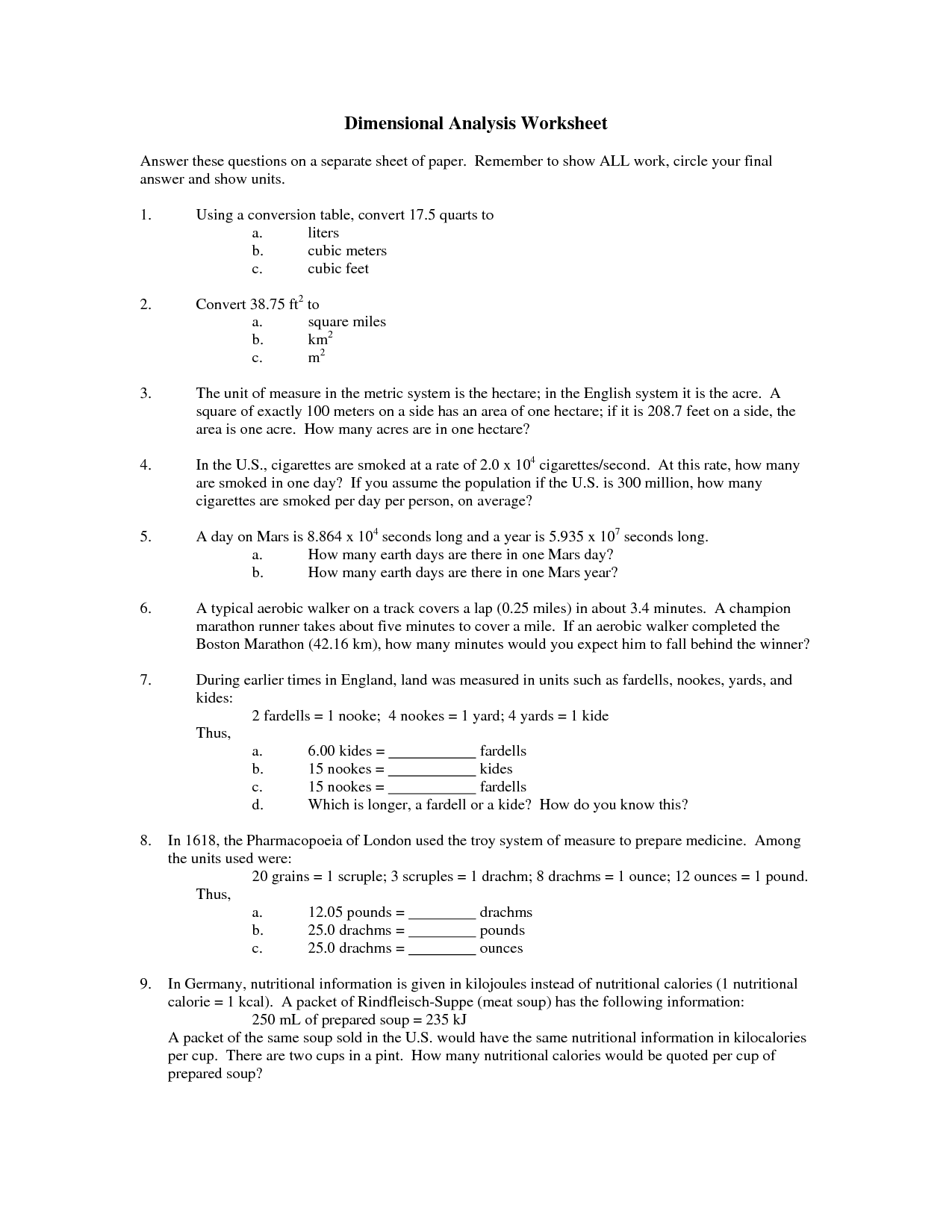 Dimensional Analysis Worksheet Answers Questions Image