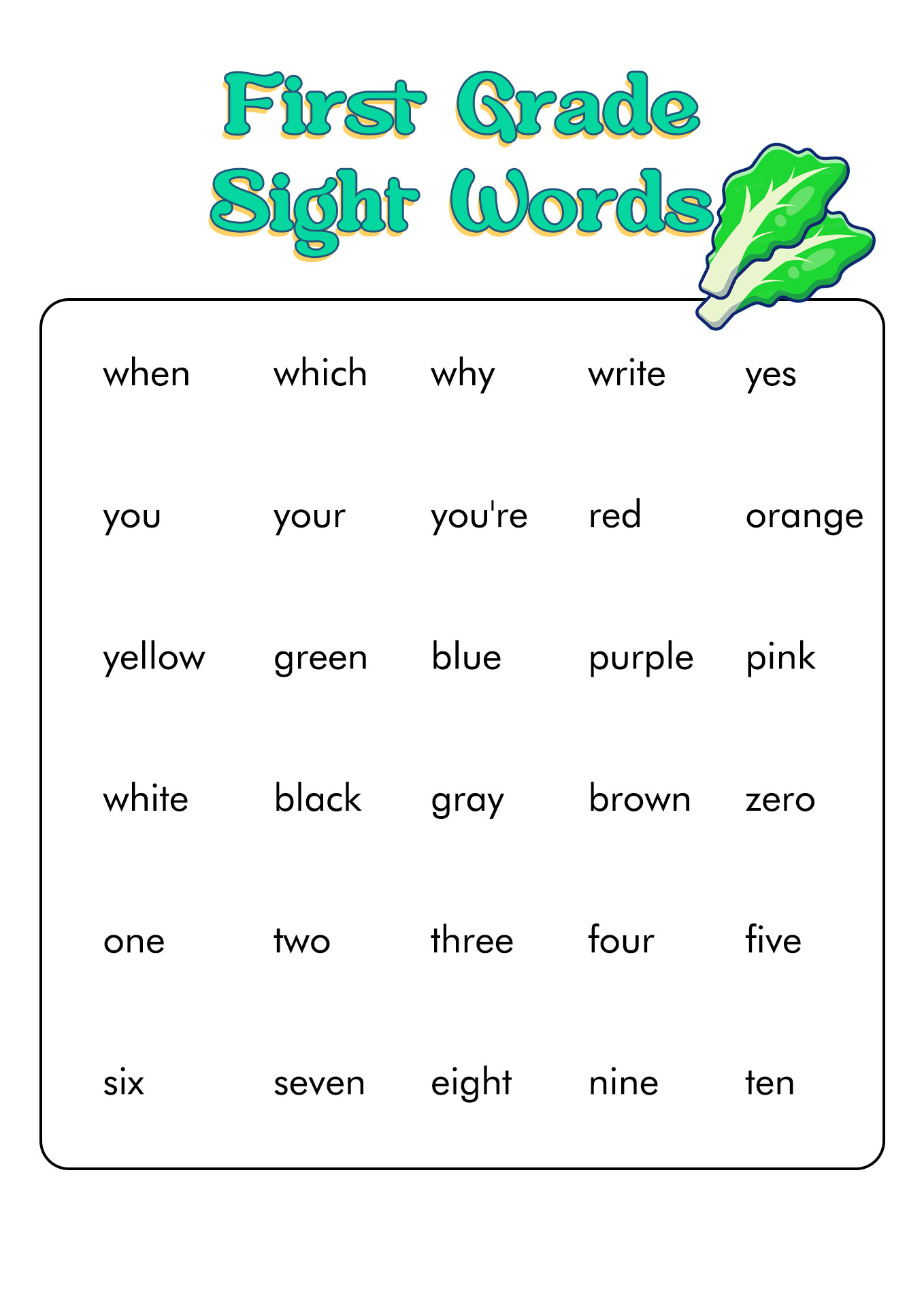 First Grade Sight Words Printable Image