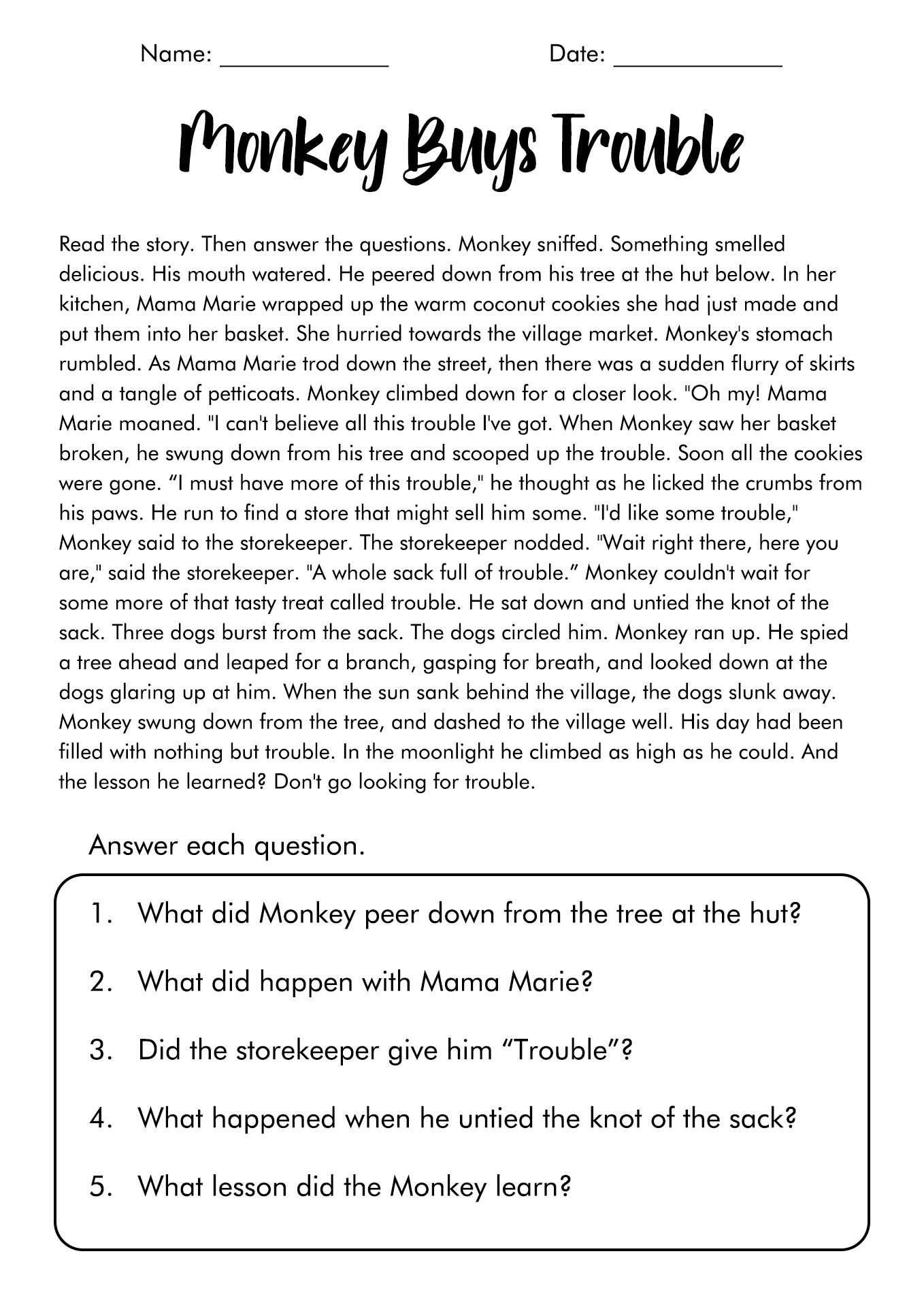 Fourth Grade Reading Comprehension Worksheets