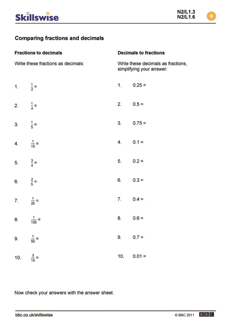 Fractions to Decimals Worksheets Image