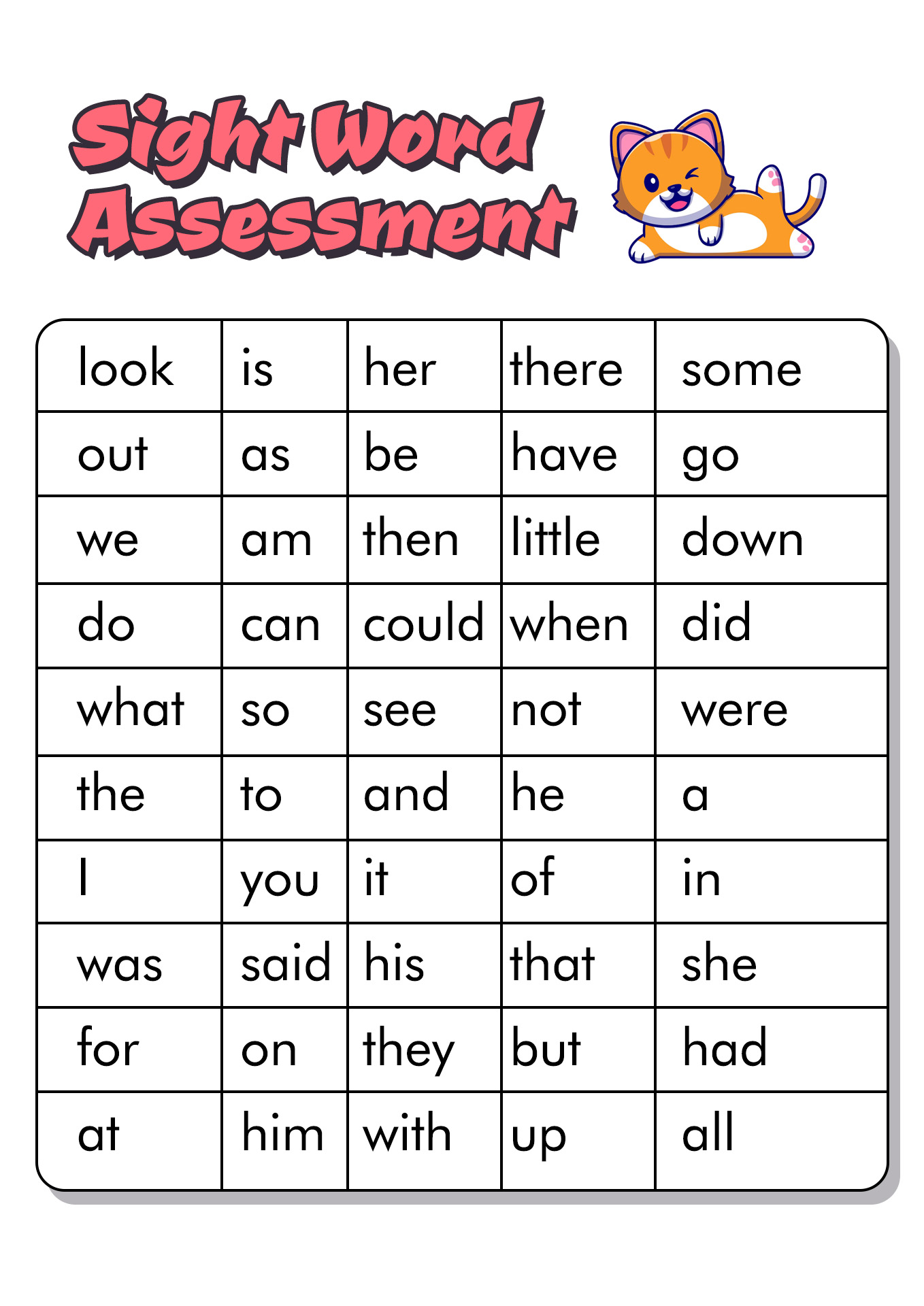 Kindergarten Sight Word List Assessment