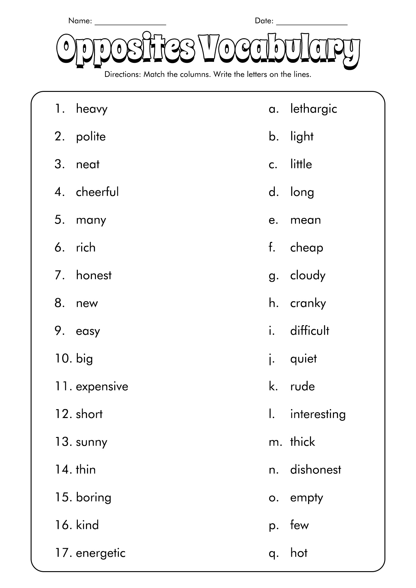 Matching Vocabulary Quiz Template