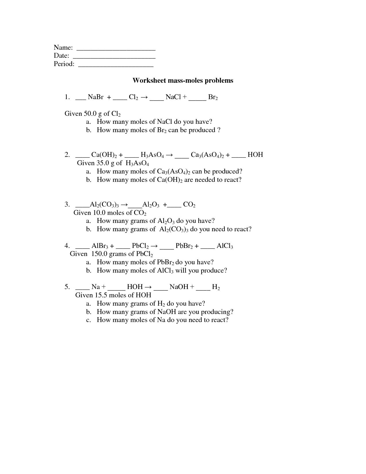 Mole-Mass Problems Worksheet Image
