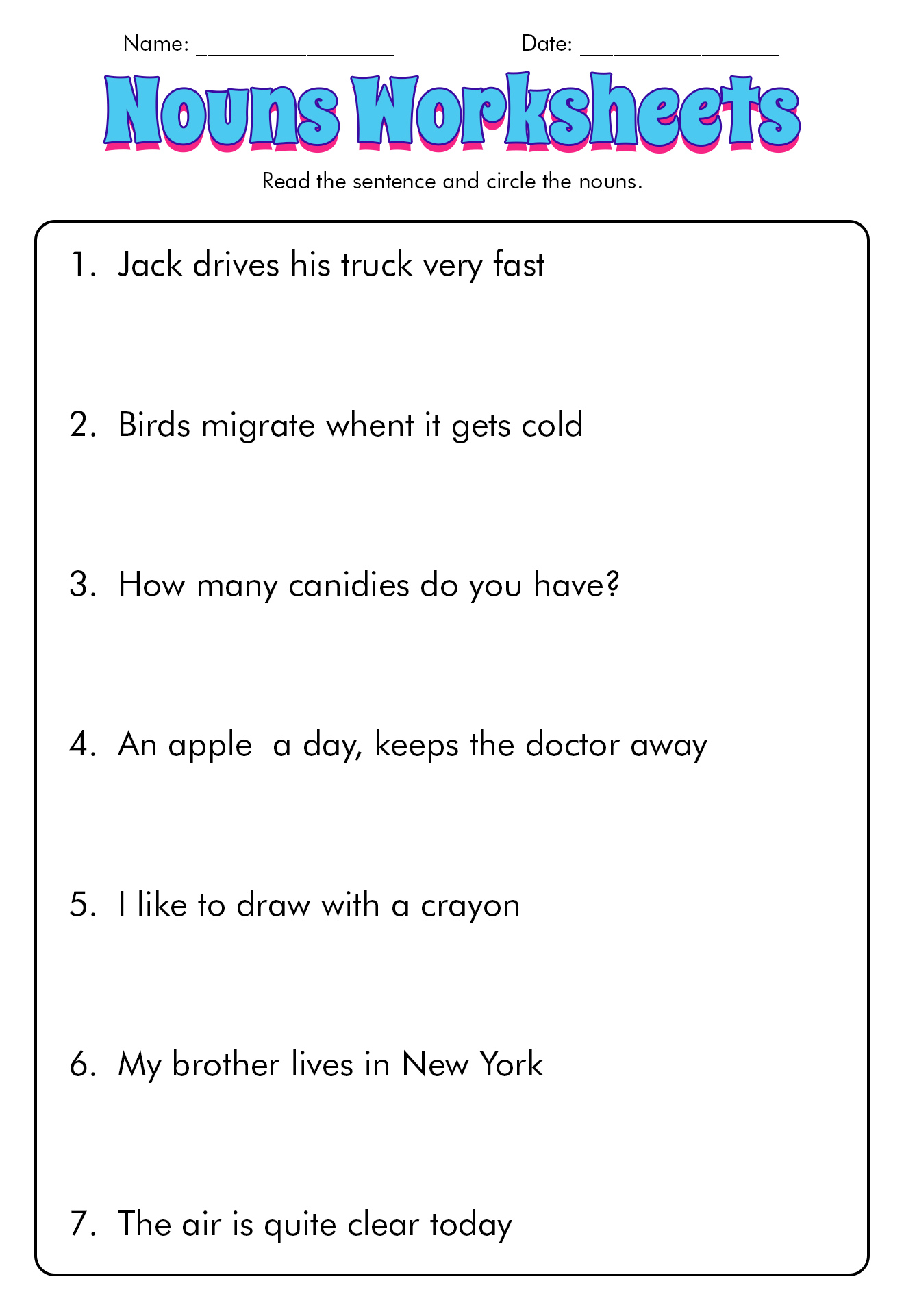 Nouns Kindergarten Worksheets Sentences
