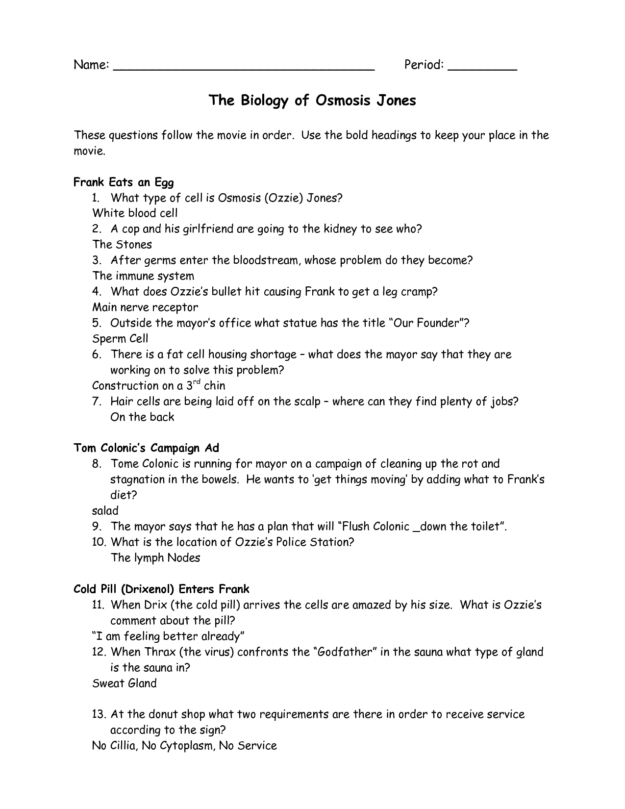 Osmosis Jones Movie Worksheet Answers
