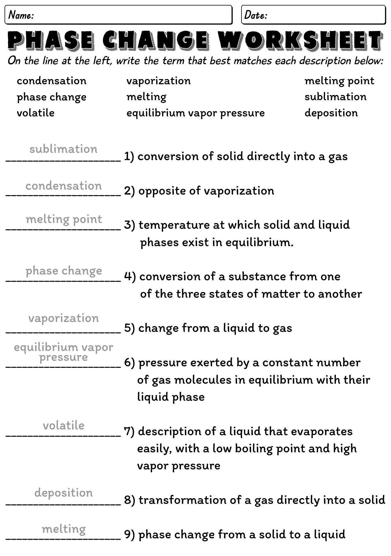 States Of Matter And Phase Changes Worksheet Answers