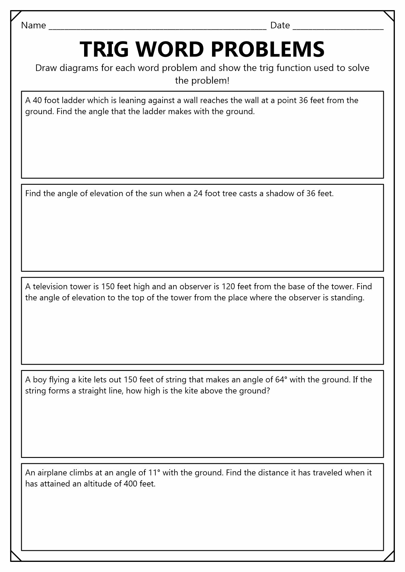 Right Triangle Trig Word Problems Worksheet