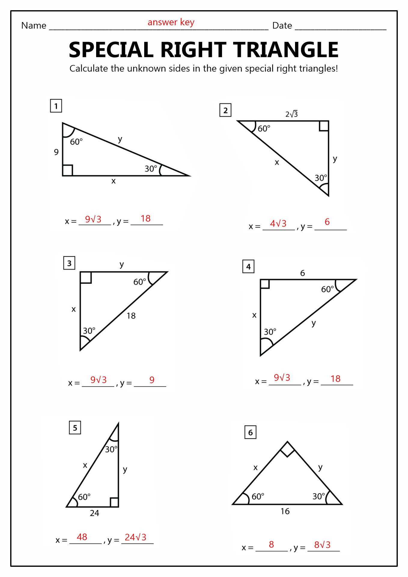 Right Triangles in Trig Ratios Worksheet Answers