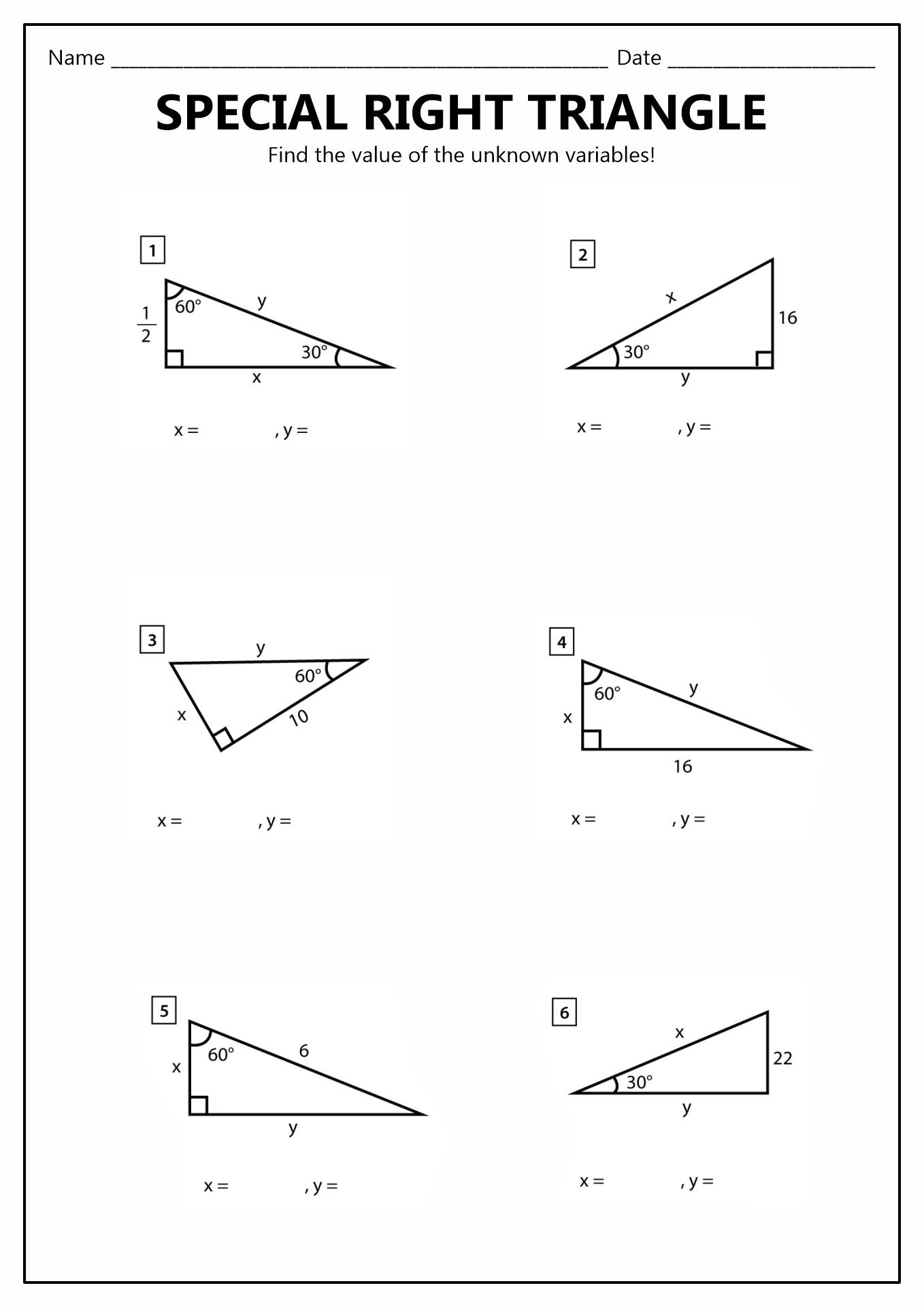 Special Right Triangles Worksheet Answers