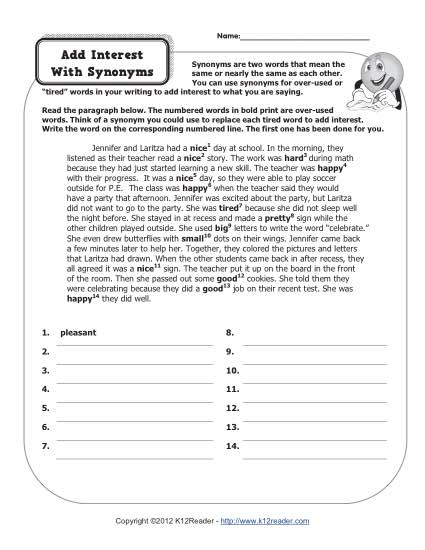 Synonyms and Antonyms Worksheet 4th Grade Image