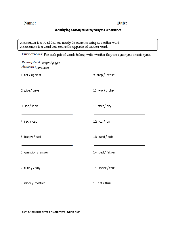 Synonyms and Antonyms Worksheets 5th Grade Image