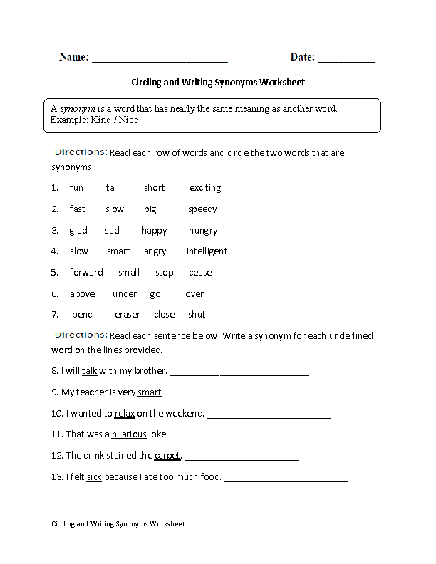 Synonyms and Antonyms Worksheets 8th Grade Image
