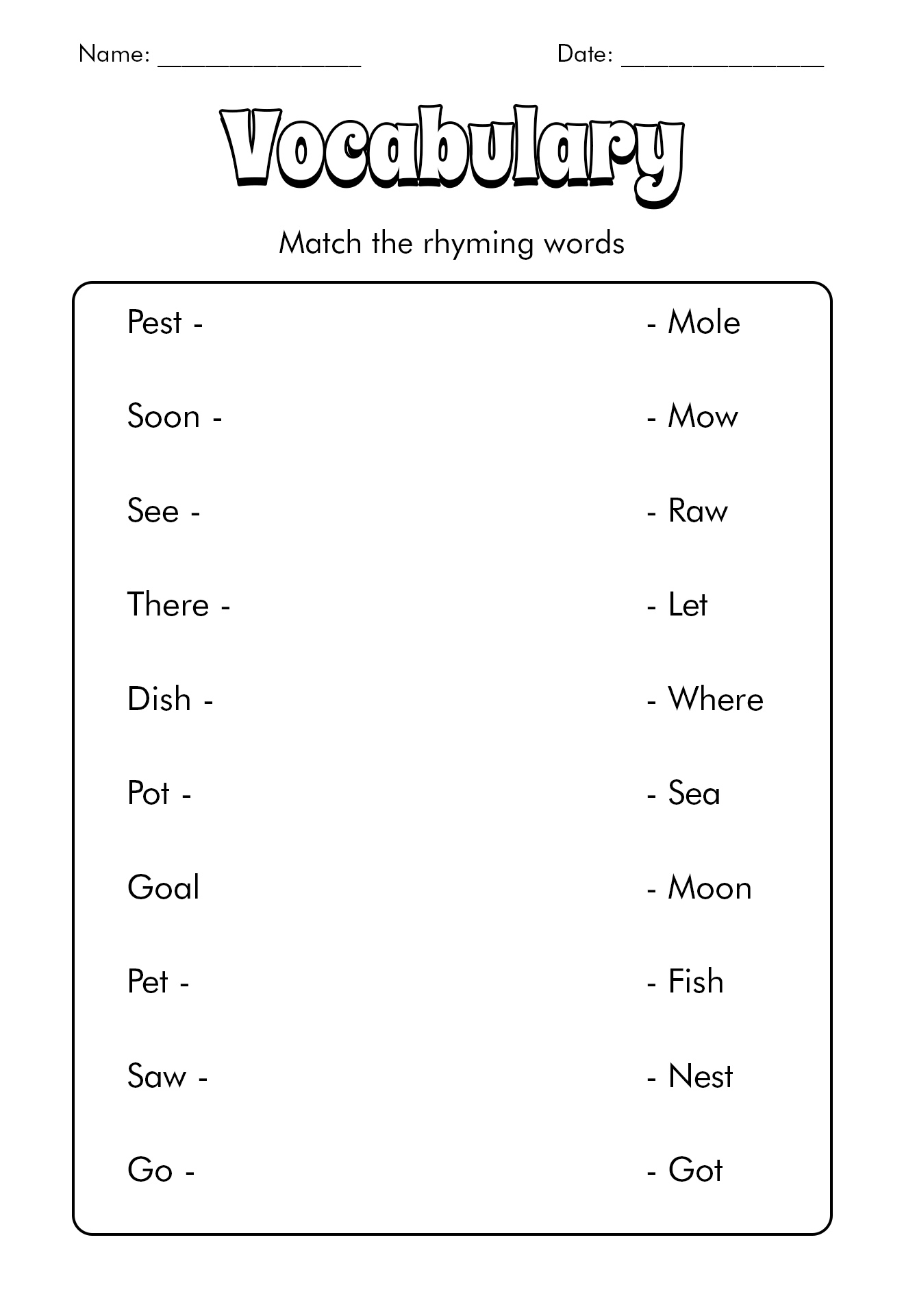 Vocabulary Matching Test Template