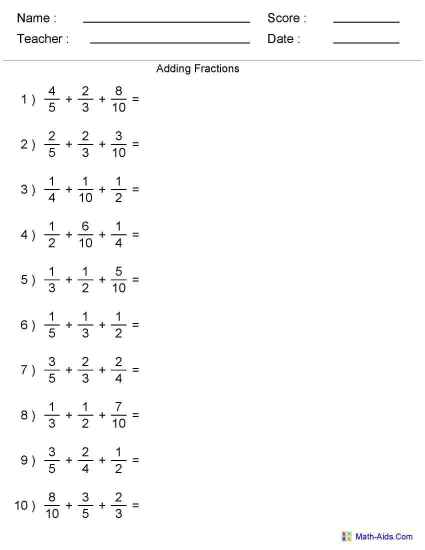 Adding Fractions Worksheets 5th Grade Math