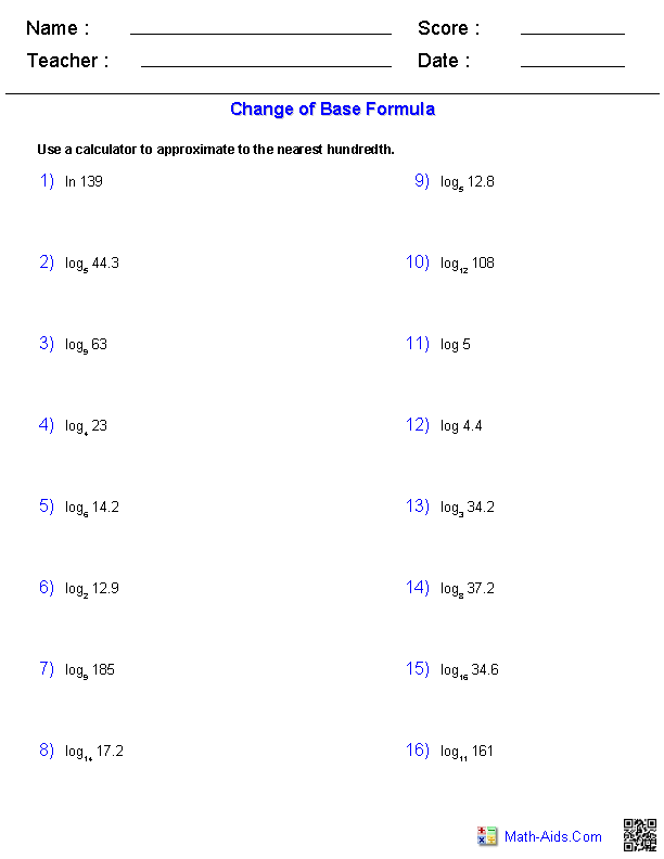 Change of Base Formula Worksheet Image