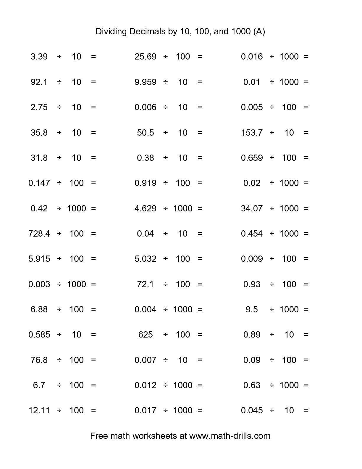 Decimal Division By 10 100 And 1000 Worksheet