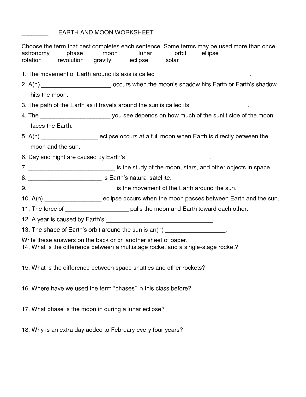Earth-Sun and Moon Worksheets Image