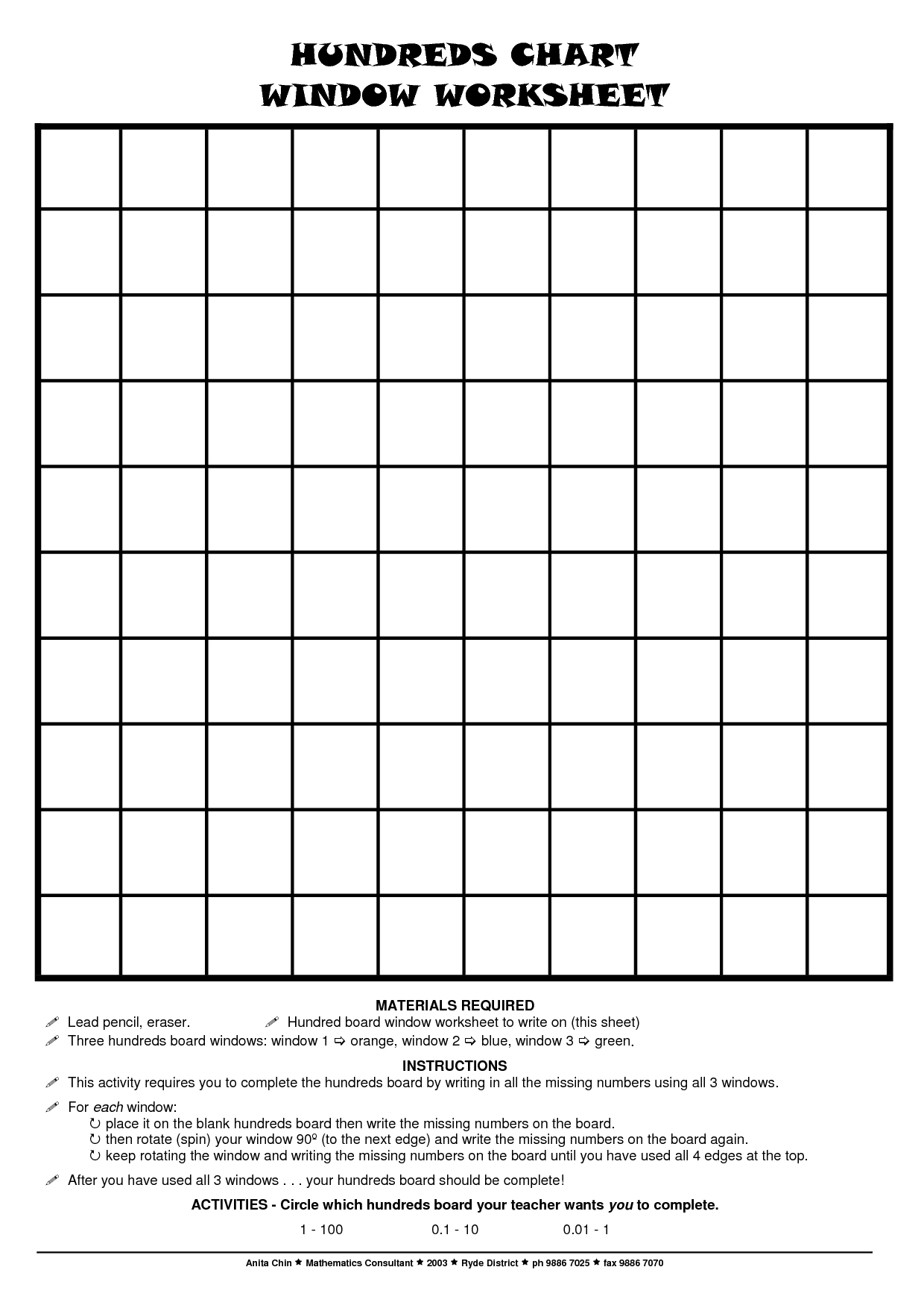 Hundreds Chart with Missing Numbers Worksheets Image