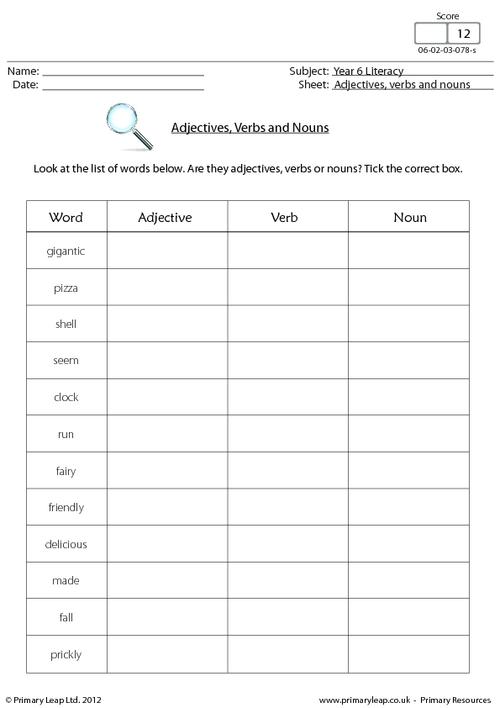 Adjectives Verbs Nouns Worksheets