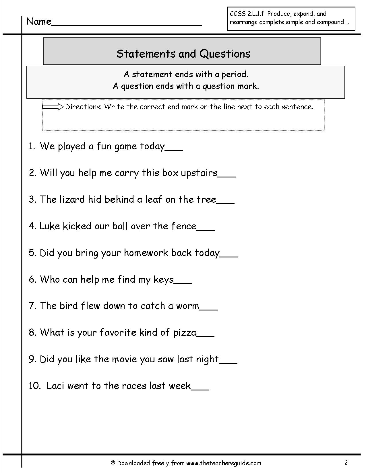 Statement or Question Sentences Worksheet Image