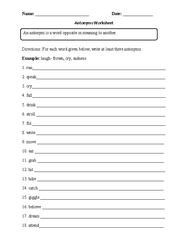 Synonyms and Antonyms Worksheet 4th Grade Image